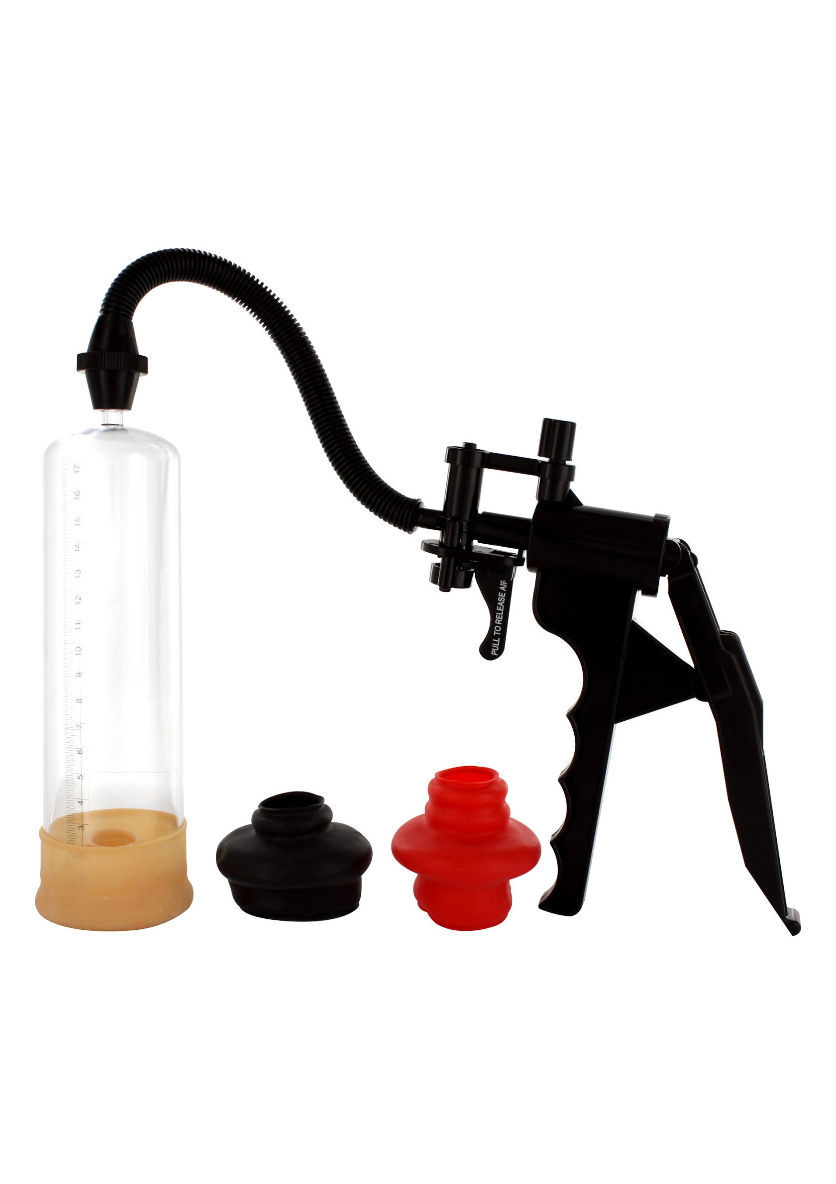 Pompe à pénis manuelle avec cylindre transparent et poignée noire. Accessoires inclus.; Handmatige penispomp met transparante cilinder en zwarte handgreep. Accessoires inbegrepen.; Manual penis pump with clear cylinder and black handle. Accessories included.