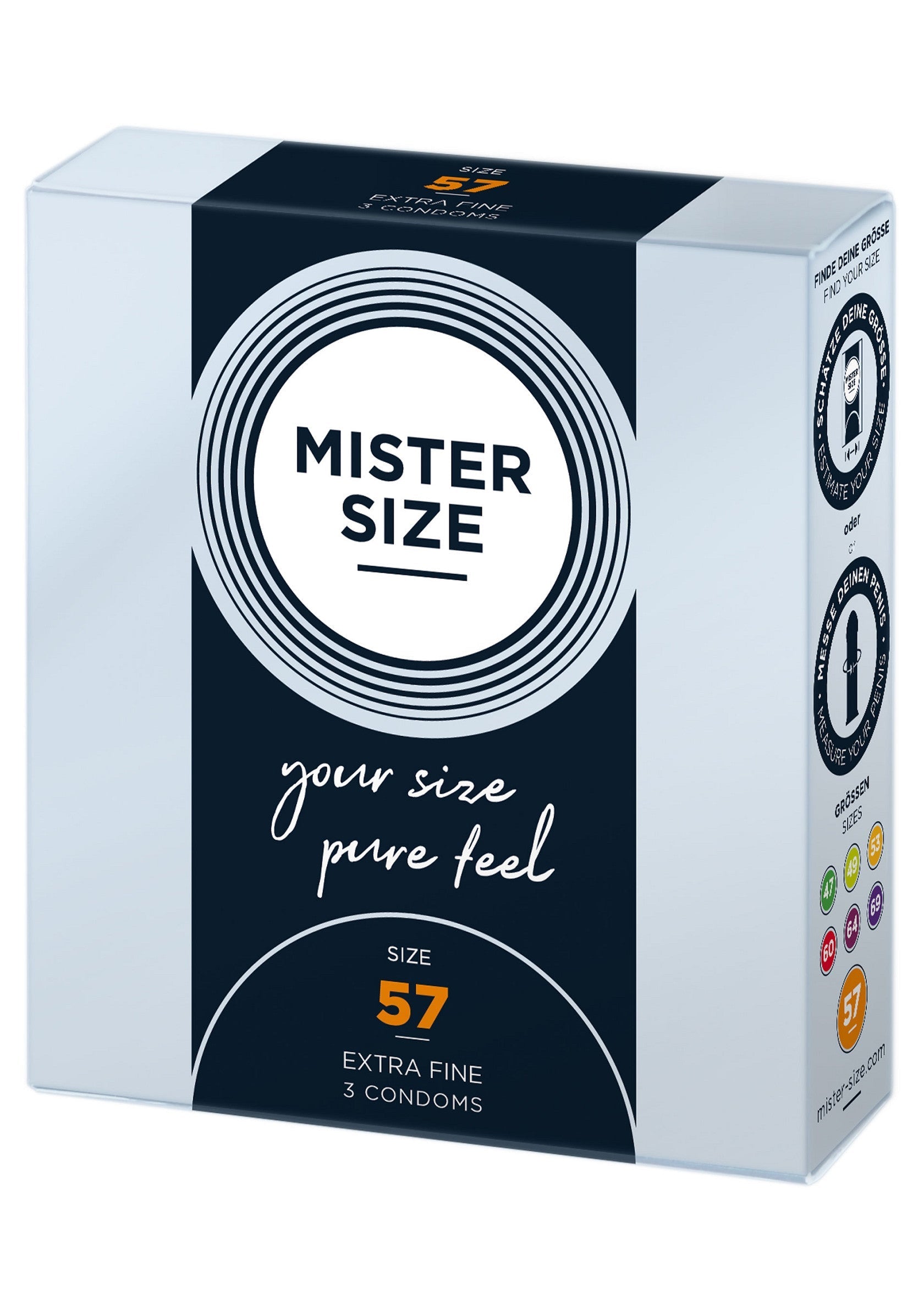 Préservatifs Mister Size 57: taille parfaite, sensation pure. Extra fins pour un plaisir optimal. Paquet de 3 préservatifs.; Mister Size 57 condooms: perfecte pasvorm, puur gevoel. Extra dun voor optimaal plezier. Pak van 3 condooms.; Mister Size 57 condoms: perfect fit, pure feel. Extra fine for optimal pleasure. Pack of 3 condoms.