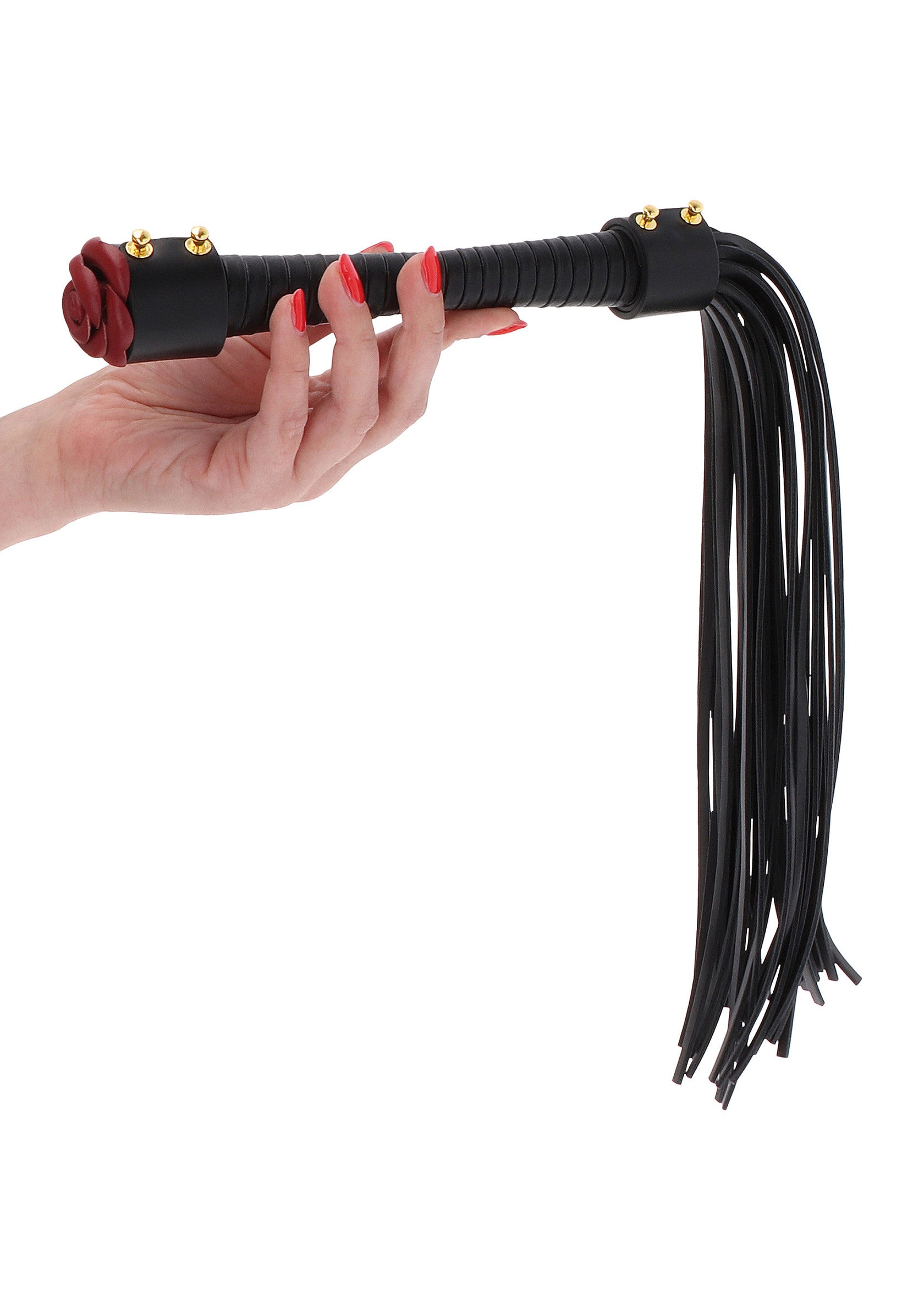 Cravache noire avec une poignée de rose rouge pour le plaisir; Zwarte zweep met rode rozenhandgreep voor plezier; Black flogger with a red rose handle for pleasure
