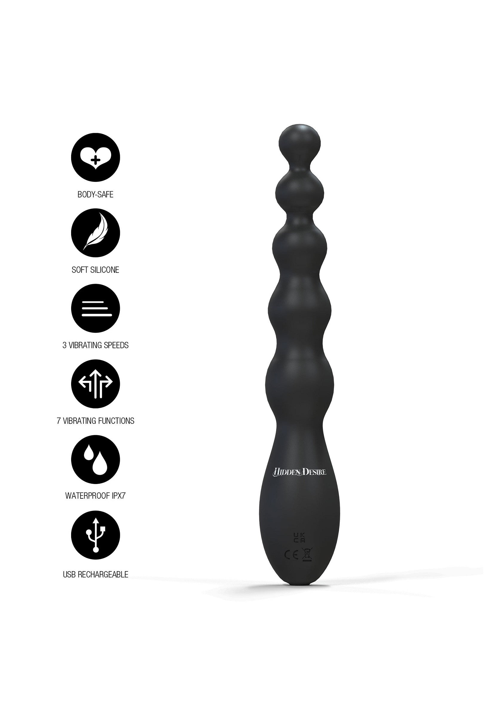 Vibromasseur perlé noir en silicone doux, rechargeable USB et étanche. 7 modes de vibration.; Zwarte kralen vibrator gemaakt van zacht siliconen, USB oplaadbaar en waterdicht. 7 vibratiemodi.; Black beaded vibrator made of soft silicone, USB rechargeable and waterproof. 7 vibration modes.