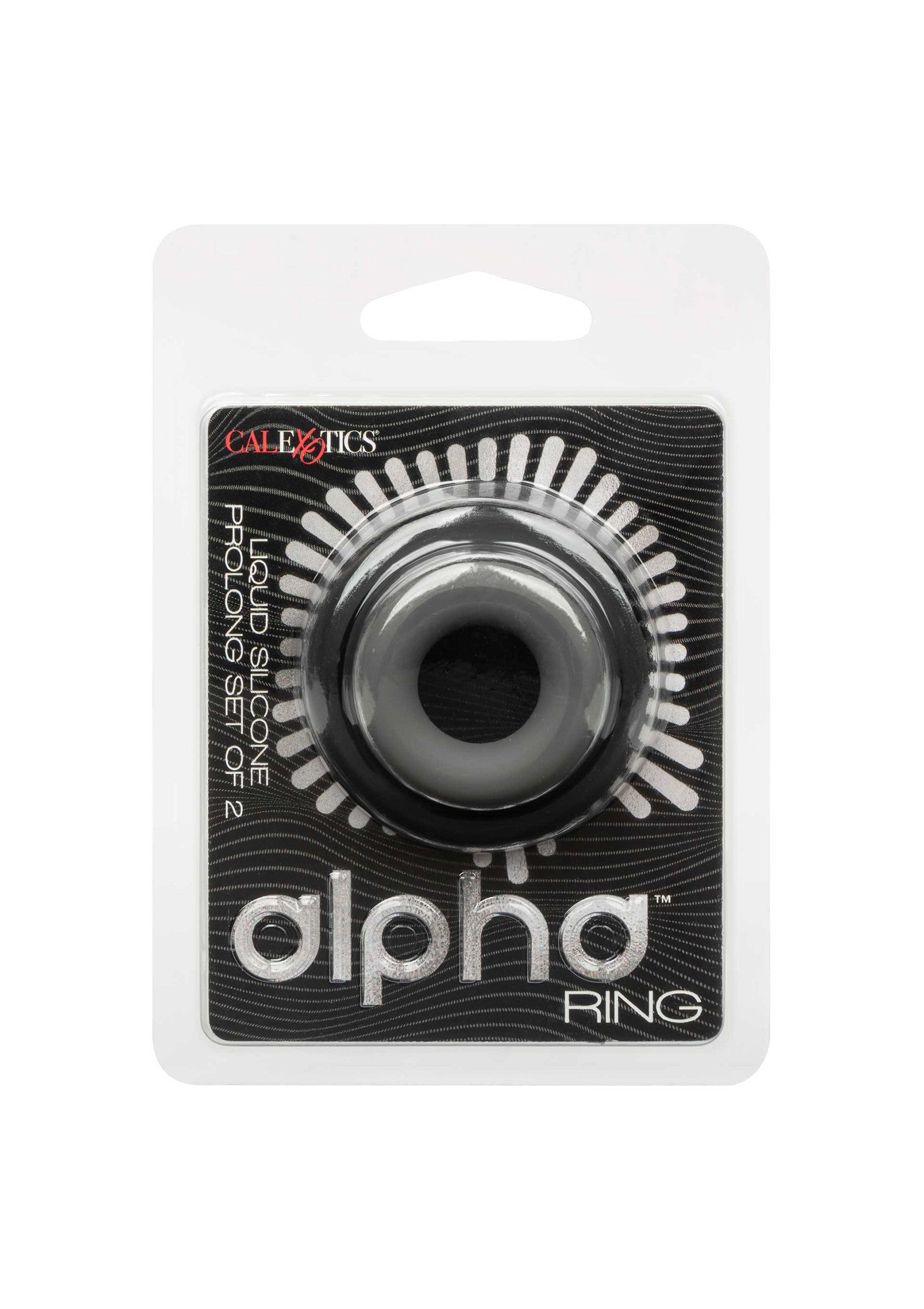 Anneau pénien Alpha Ring de CalExotics, silicone liquide pour prolonger le plaisir.; CalExotics Alpha Ring penisring, vloeibare siliconen voor langer plezier.; CalExotics Alpha Ring cock ring, liquid silicone prolonging set of 2.