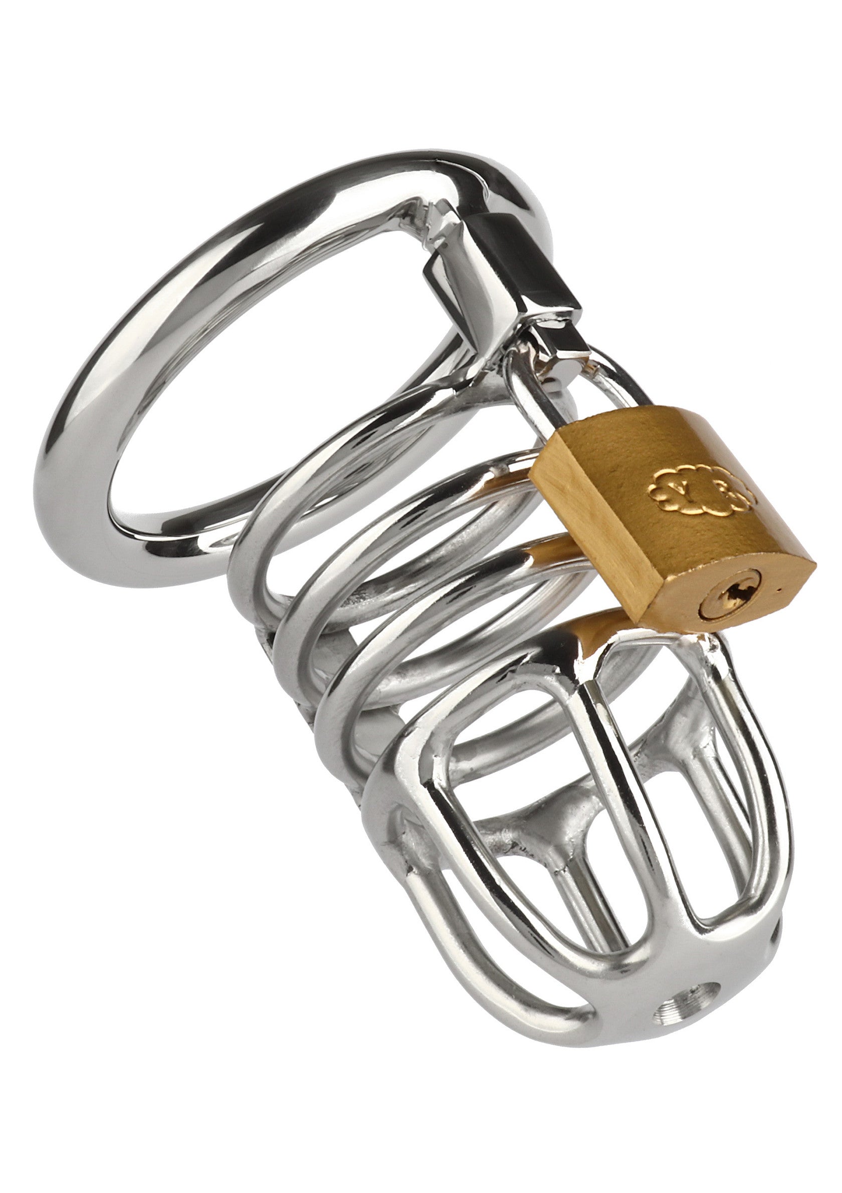 Cage de chasteté masculine en acier inoxydable avec cadenas pour le contrôle et la soumission.; Roestvrijstalen kuisheidsgordel voor mannen met slot voor controle en onderwerping.; Stainless steel male chastity cage with padlock for control and submission.