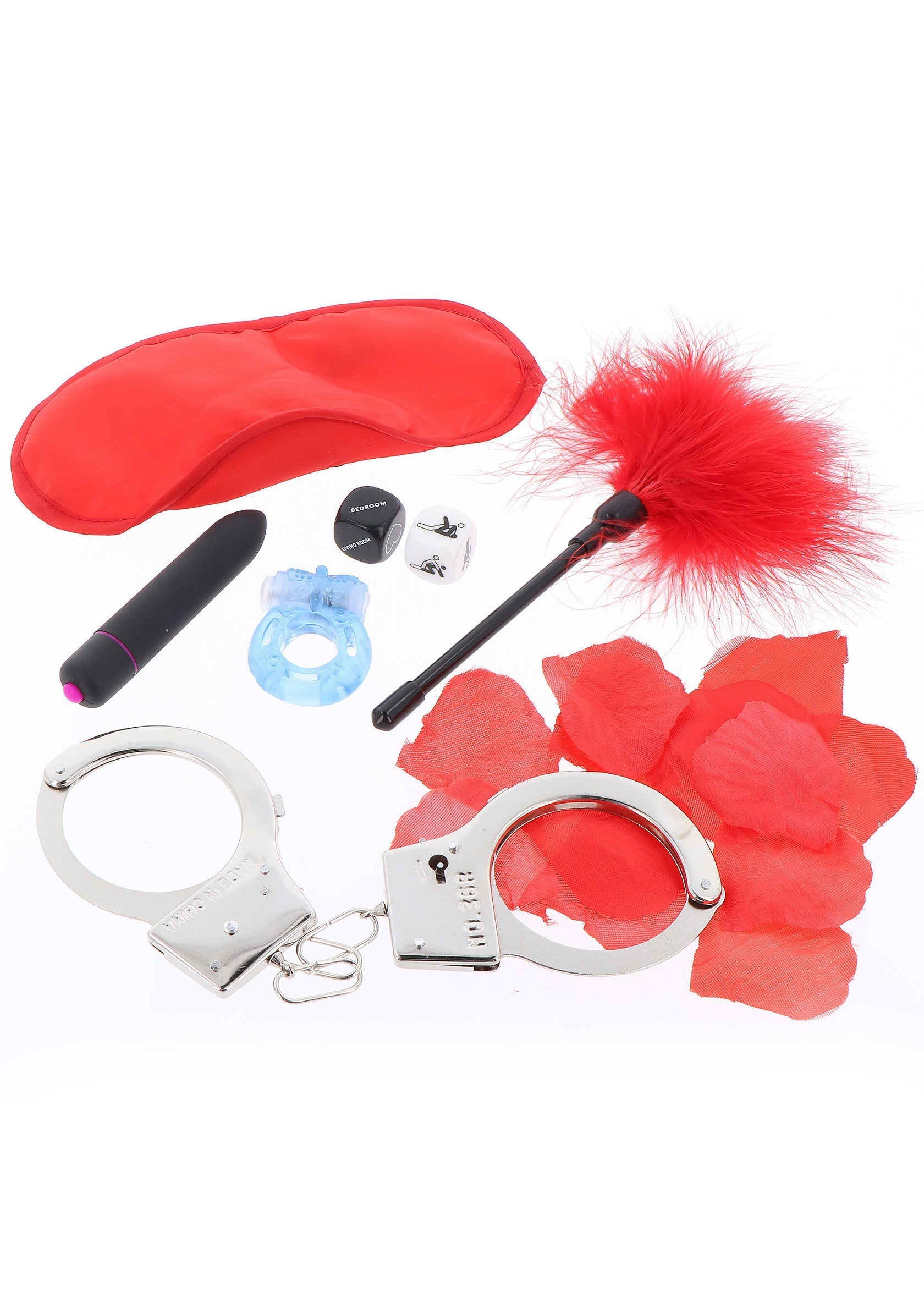 Ensemble coquin avec masque, vibromasseur, menottes et plumeau pour pimenter votre vie sexuelle.; Stoute set met masker, vibrator, handboeien en verenborstel om je seksleven op te fleuren.; Naughty set with mask, vibrator, handcuffs and feather duster to spice up your sex life.