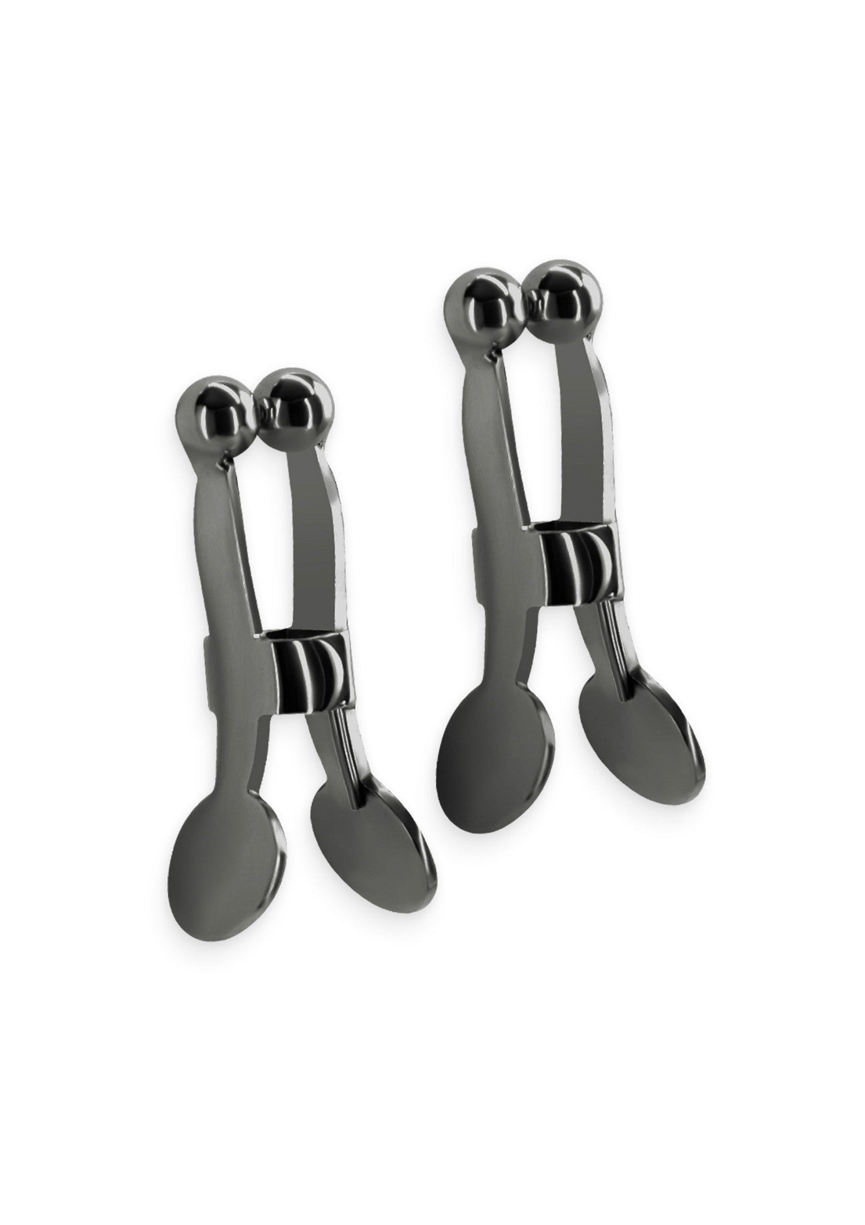 Pinces à tétons en métal noir pour un plaisir intense. Accessoire érotique réglable.; Zwarte metalen tepelklemmen voor intense stimulatie. Verstelbaar erotisch accessoire.; Black metal nipple clamps for intense pleasure. Adjustable erotic accessory.
