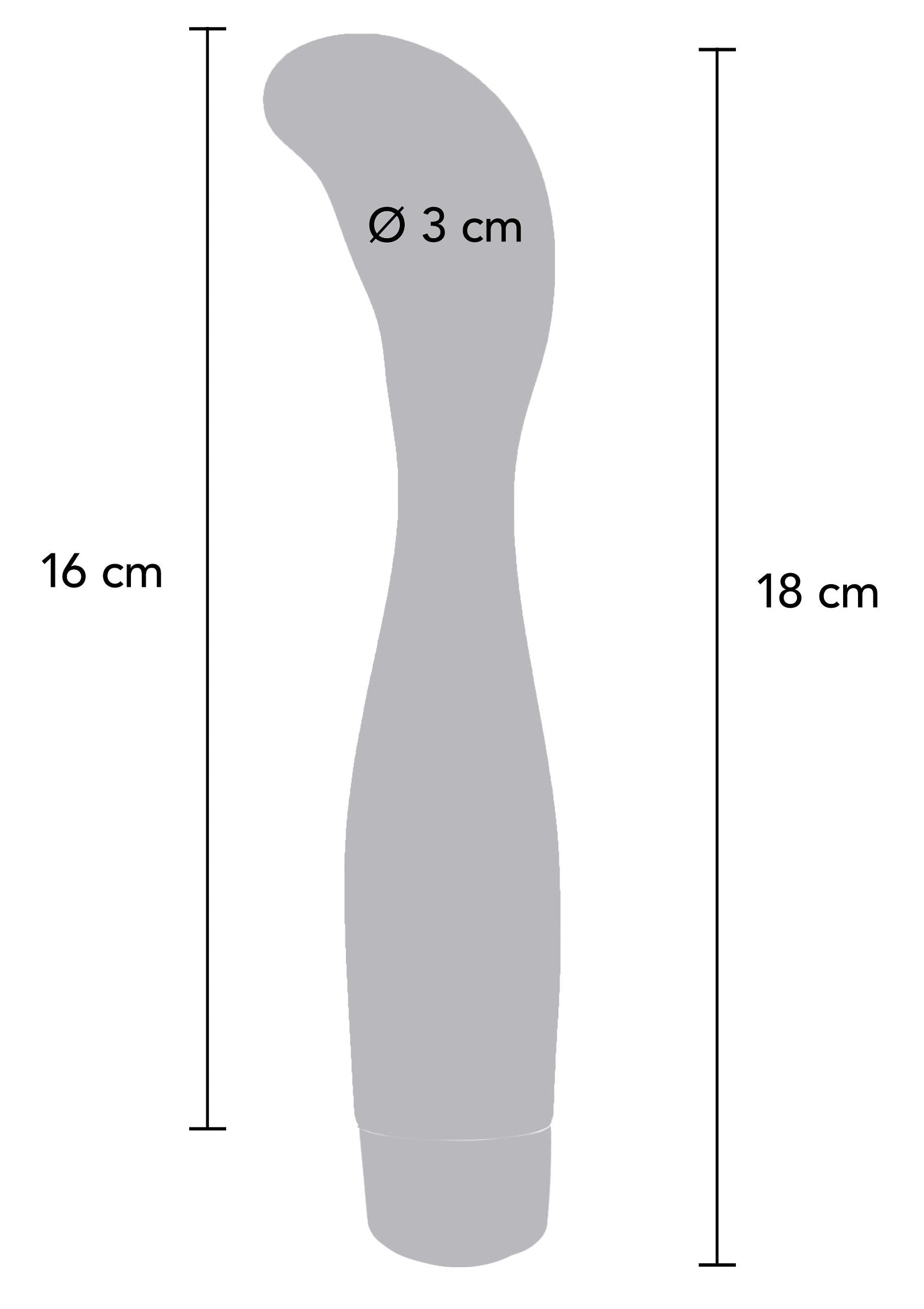 Schéma d'un masseur avec les dimensions : 16 cm de longueur, 18 cm de hauteur et 3 cm de diamètre.; Schema van een massager met afmetingen: 16 cm lengte, 18 cm hoogte en 3 cm diameter.; Diagram of a massager with dimensions: 16 cm length, 18 cm height and 3 cm diameter.