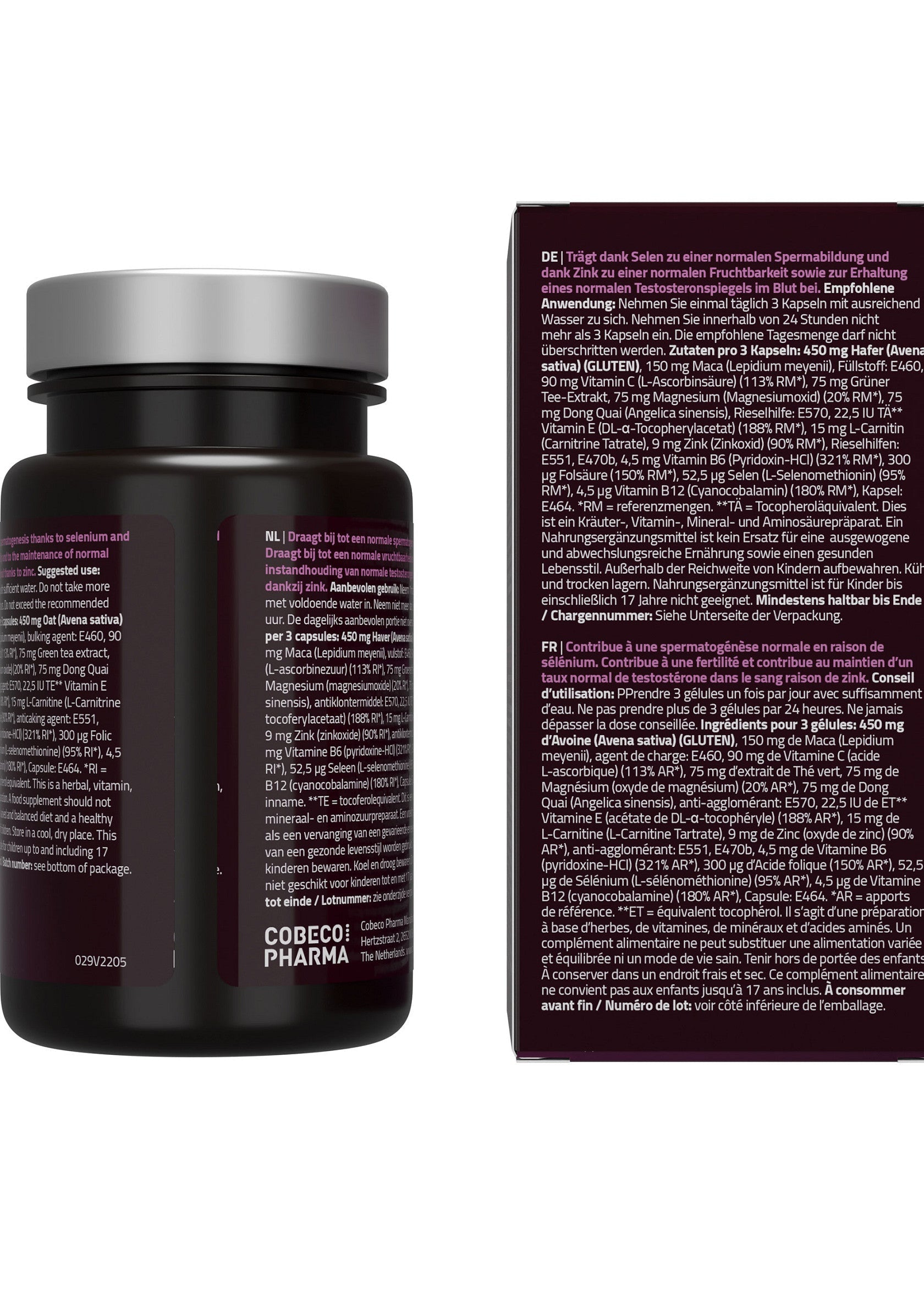 Complément alimentaire pour la fertilité masculine. Contribue à une spermatogenèse normale. Ingrédients naturels. Contenance: 3 gélules.; Voedingssupplement voor mannelijke vruchtbaarheid. Draagt bij aan een normale spermatogenese. Natuurlijke ingrediënten. Inhoud: 3 capsules.; Dietary supplement for male fertility. Contributes to normal spermatogenesis. Natural ingredients. Dosage: 3 capsules.