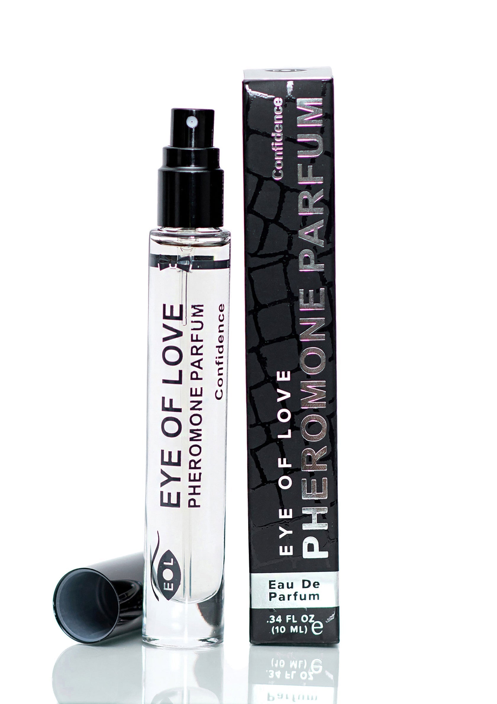 Eye of Love, parfum aux phéromones pour la confiance. Flacon élégant et packaging raffiné. Attirez l'attention et séduisez avec ce parfum unique.; Eye of Love, feromonen parfum voor zelfvertrouwen. Elegante fles en verfijnde verpakking. Trek de aandacht en verleid met deze unieke geur.; Eye of Love pheromone perfume for confidence. Elegant bottle and refined packaging. Attract attention and seduce with this unique scent.