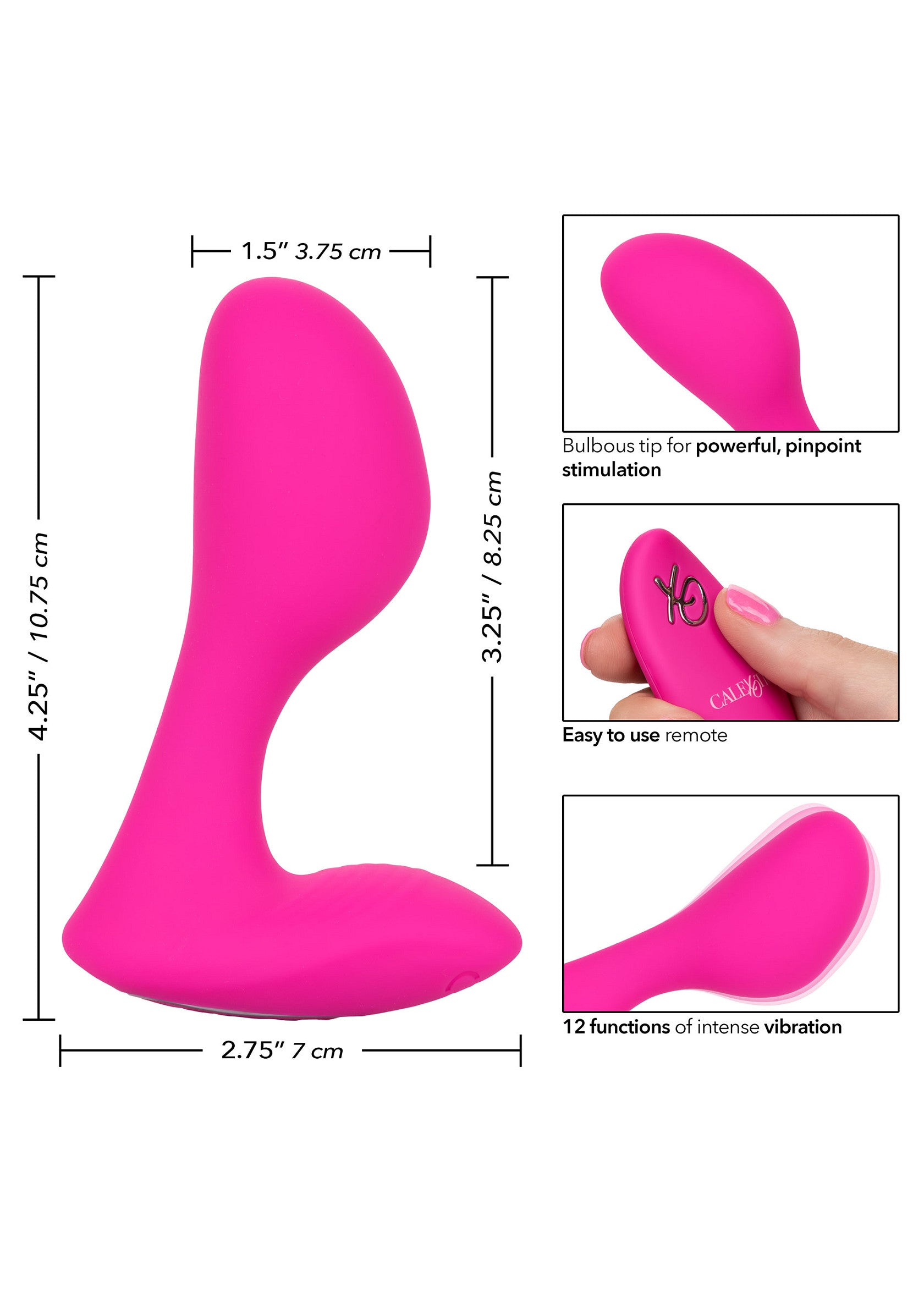 Vibromasseur vibrant rose avec télécommande et dimensions détaillées.; Roze vibrerende stimulator met afstandsbediening en gedetailleerde afmetingen.; Pink vibrating stimulator with remote control and detailed dimensions.