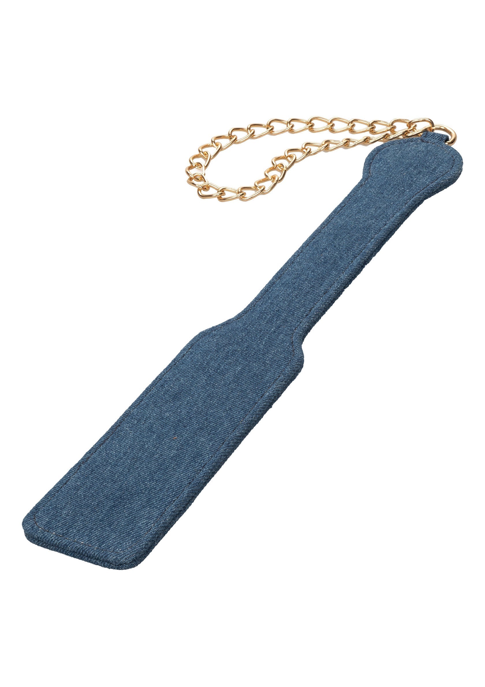 Palette en denim avec chaîne dorée. Accessoire élégant et audacieux pour pimenter votre vie.; Denim paddle met gouden ketting. Stijlvol en gedurfd accessoire om je leven op te fleuren.; Denim paddle with gold chain. Stylish and bold accessory to spice up your life.