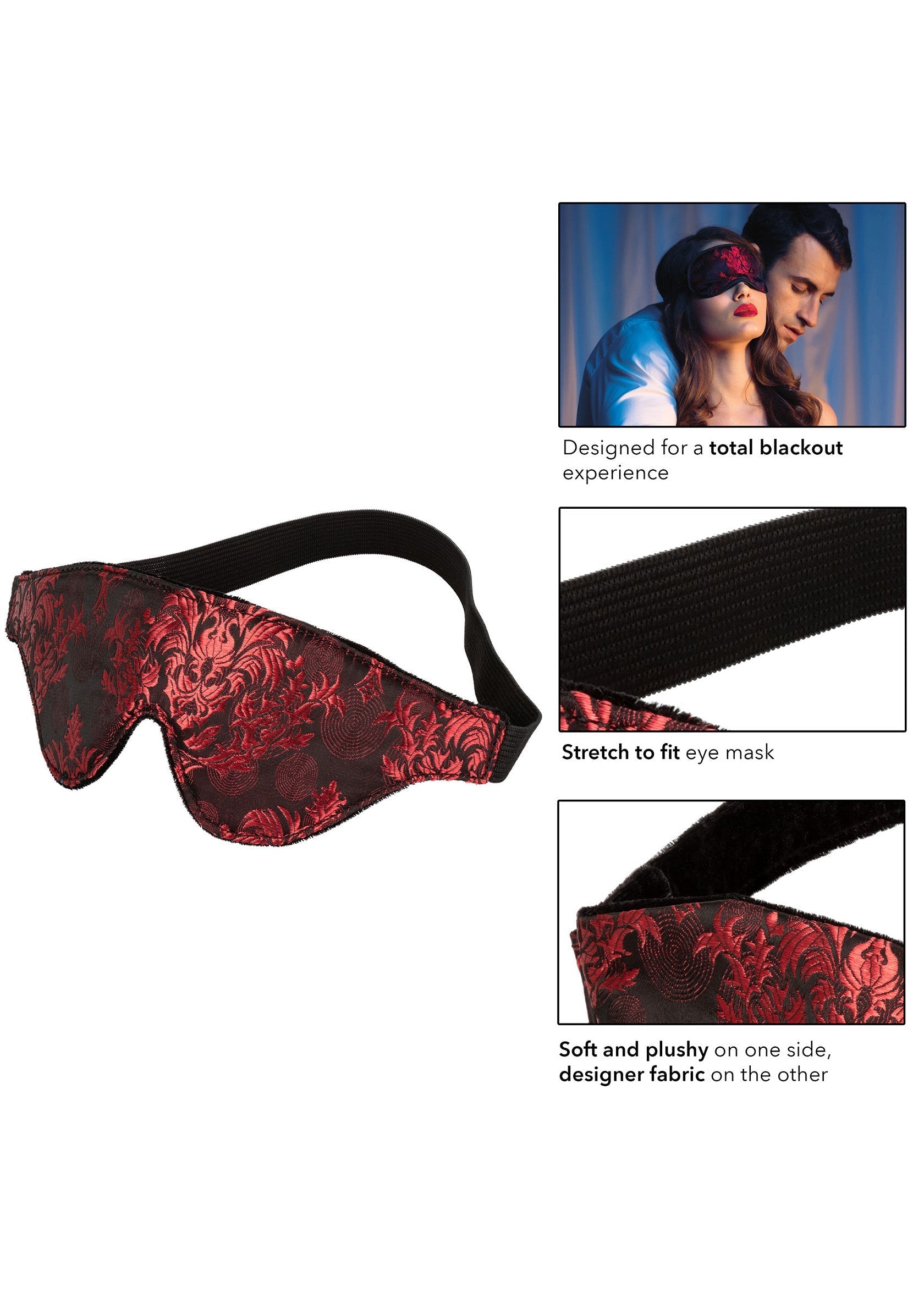 Masque de sommeil en tissu design rouge et noir, doux et confortable. Pour une obscurité totale et un sommeil réparateur.; Zacht, pluche slaapmasker met stretchband. Rood en zwart design. Zorgt voor totale verduistering, voor een goede nachtrust.; Soft, plush sleep mask with stretch band. Red and black designer fabric. Provides total blackout for a restful night's sleep.
