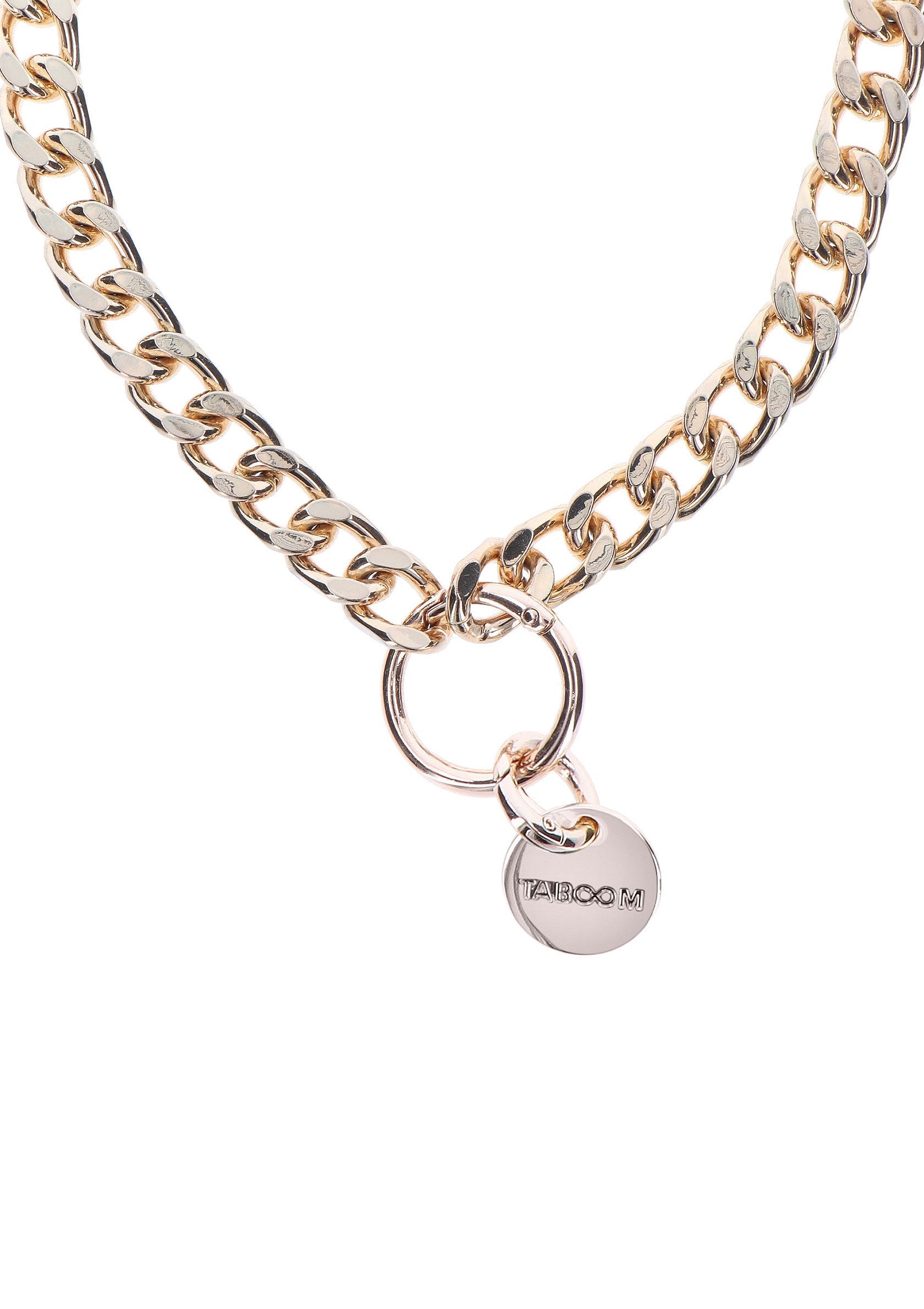 Collier chaîne dorée avec pendentif rond. Accessoire de mode tendance et élégant.; Gouden schakelketting met ronde hanger. Trendy en stijlvol modeaccessoire.; Gold chain necklace with round pendant. Trendy and stylish fashion accessory.