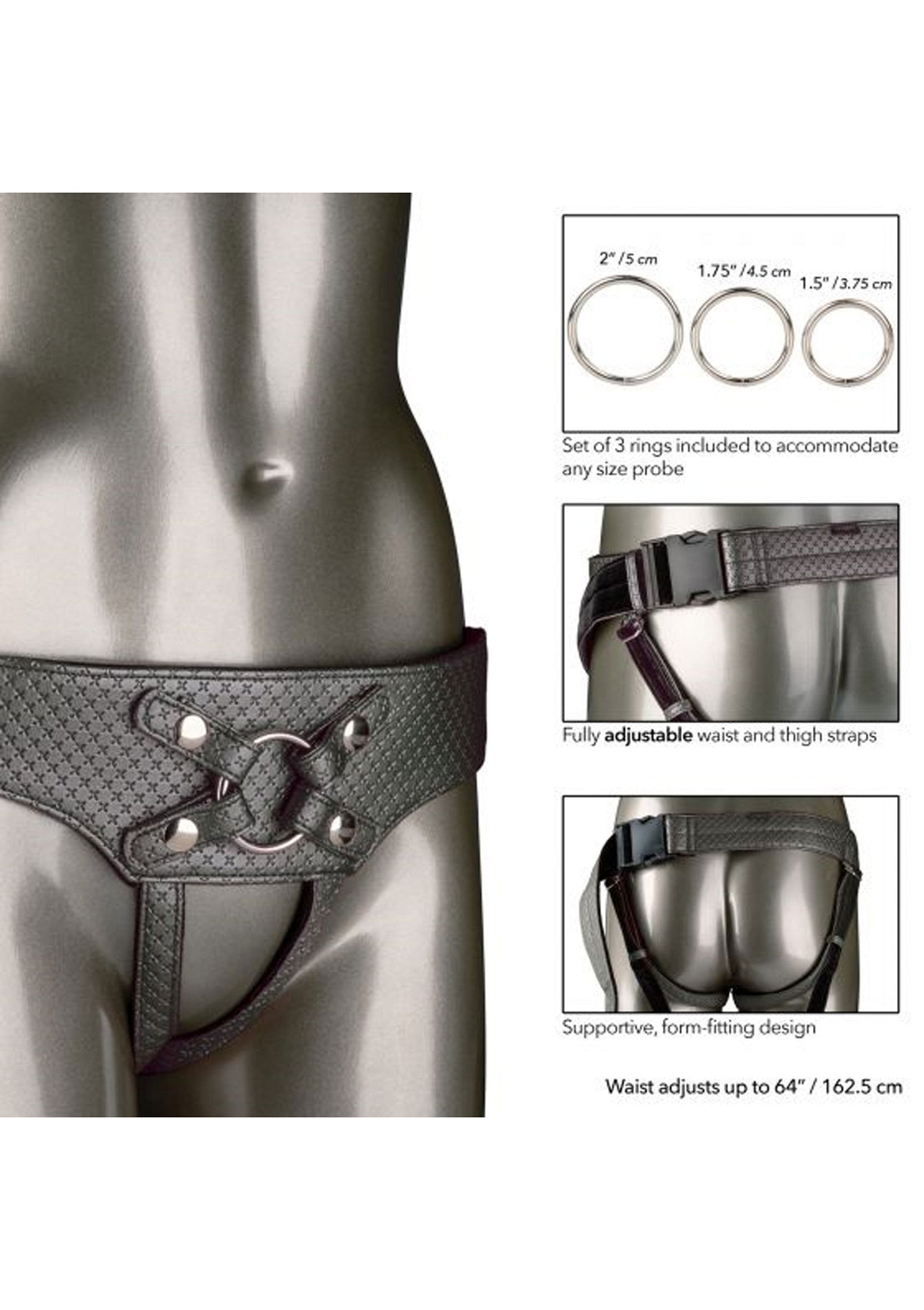 Harnais ajustable avec anneaux interchangeables pour un ajustement personnalisé et un confort optimal. Ceinture jusqu'à 162,5 cm.; Verstelbaar harnas met verwisselbare ringen voor een persoonlijke pasvorm en optimaal comfort. Taille tot 162,5 cm.; Adjustable harness with interchangeable rings for a custom fit and optimal comfort. Waist adjusts up to 64"/162.5 cm.
